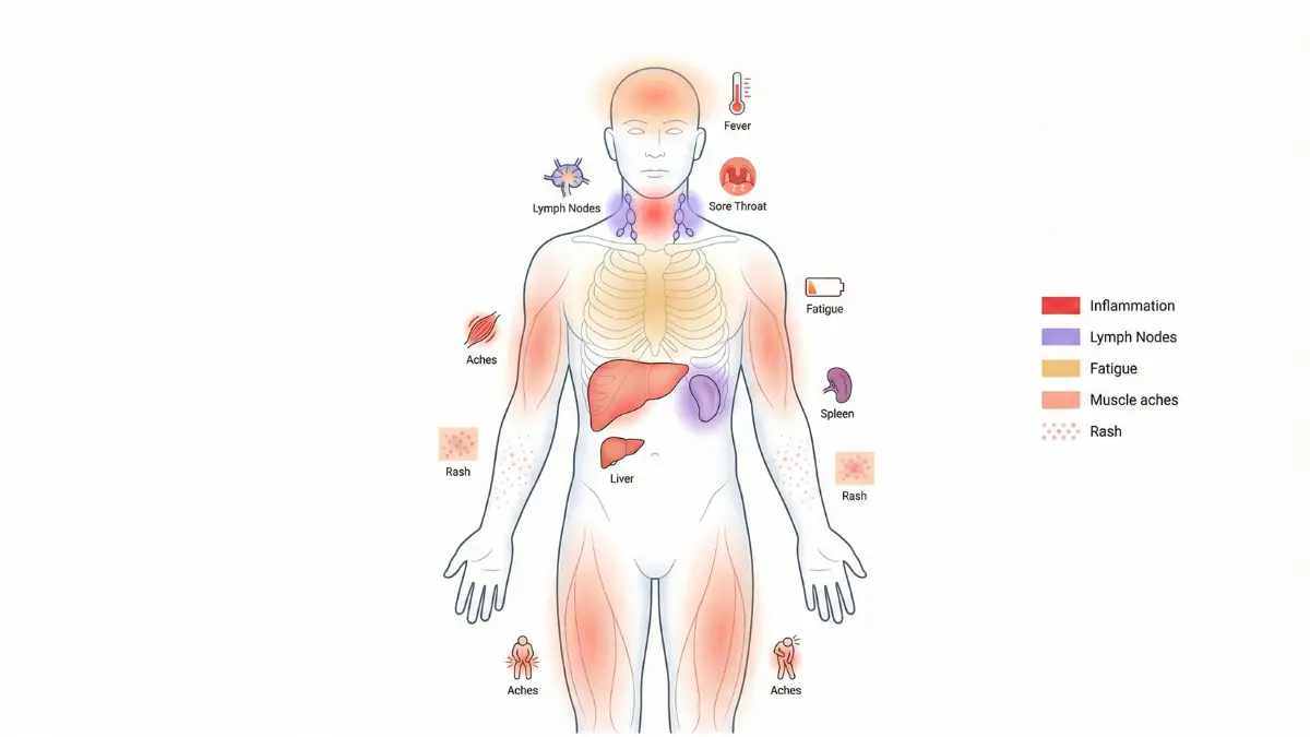 Anatomical body map diagram highlighting EBV symptoms including fever, sore throat, swollen lymph nodes, spleen enlargement, liver inflammation, rash, fatigue, and muscle aches.