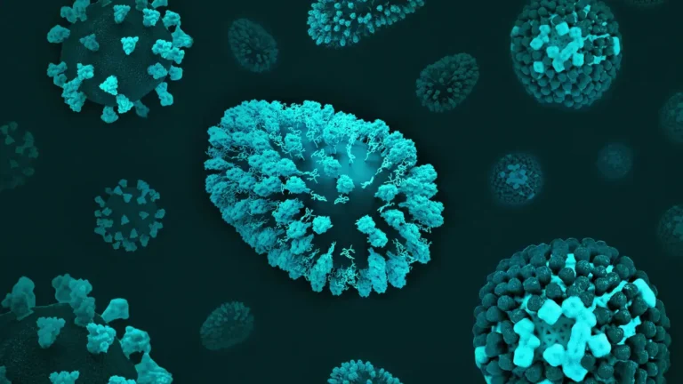 Microscopic 3D illustration of Epstein–Barr virus showing structural surface proteins related to EBV symptoms