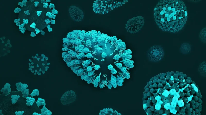 Microscopic 3D illustration of Epstein–Barr virus showing structural surface proteins related to EBV symptoms