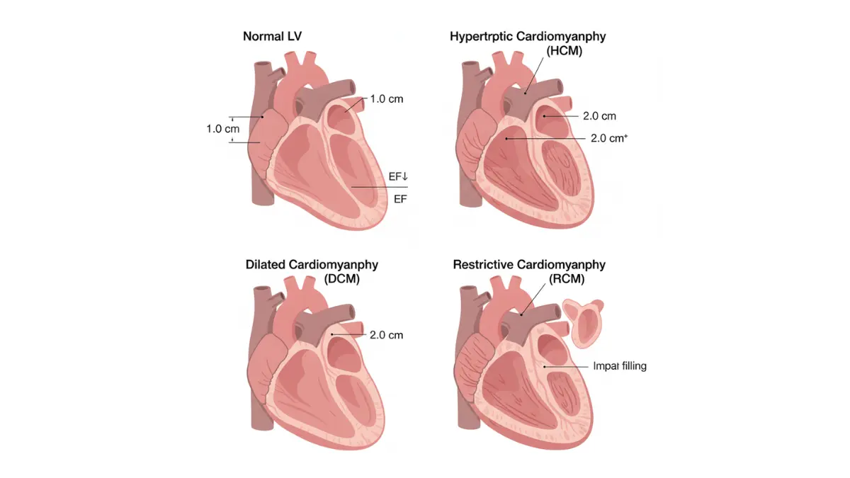 Echocardiogram Results comparing dilated, hypertrophic, and restrictive cardiomyopathy heart structures