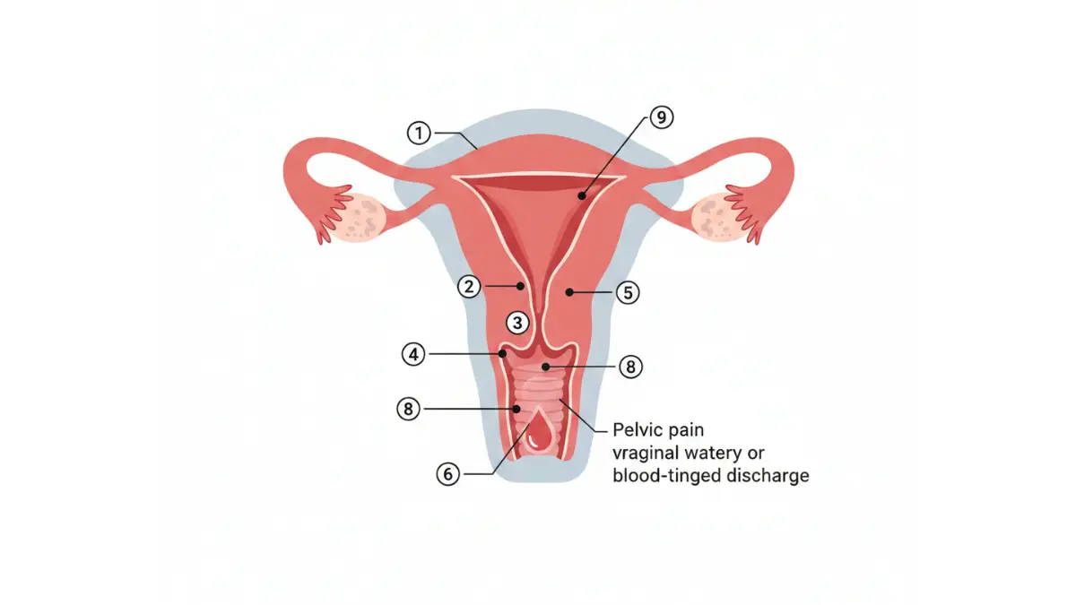 Endometrial Cancer anatomy diagram showing bleeding, discharge, and pelvic pain locations