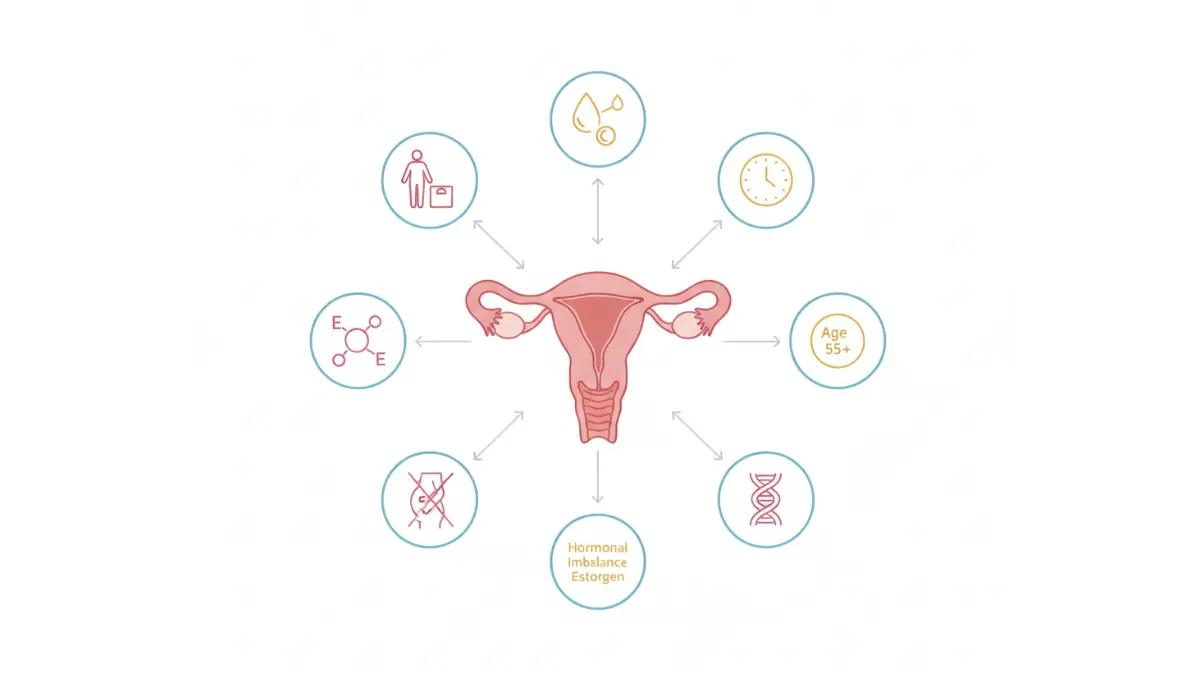 Endometrial Cancer risk factors infographic including obesity, diabetes, age, and genetics