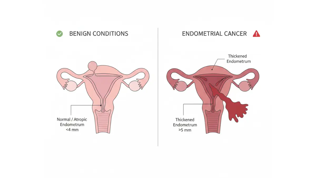 Endometrial Cancer comparison showing thickened endometrium versus benign conditions