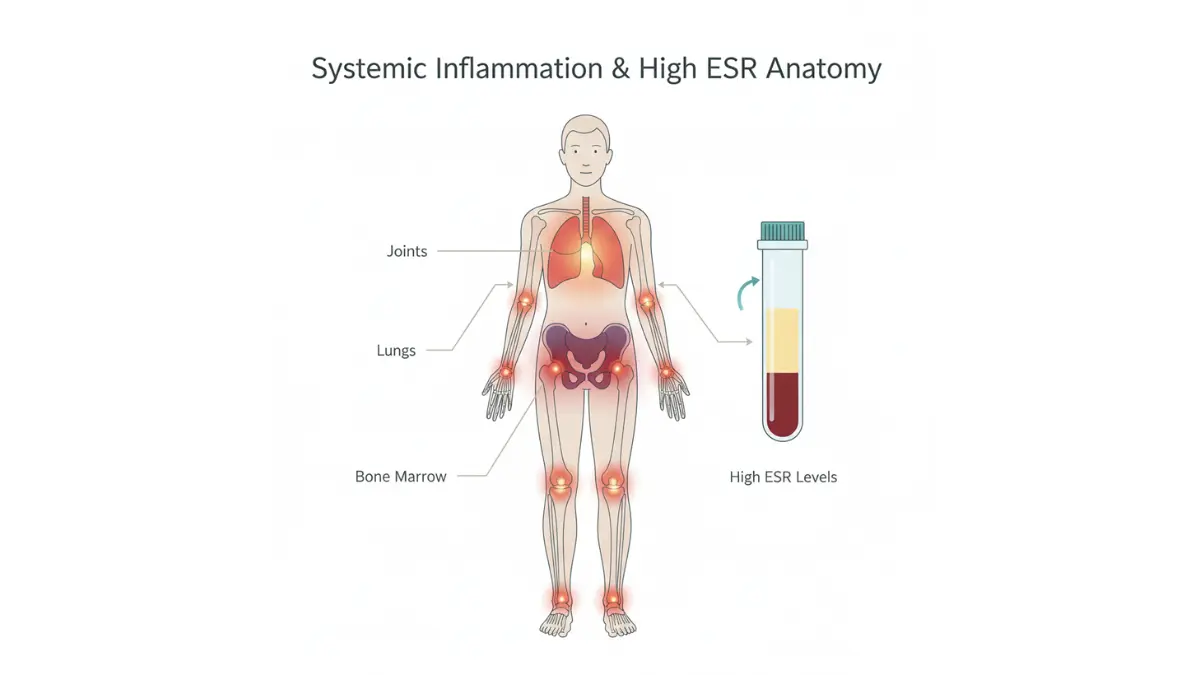 Anatomy diagram showing how systemic inflammation affects ESR Test Results with highlighted joints lungs and bone marrow
