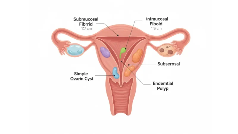 Transvaginal Ultrasound anatomy showing uterine fibroids ovarian cysts and endometrial polyps