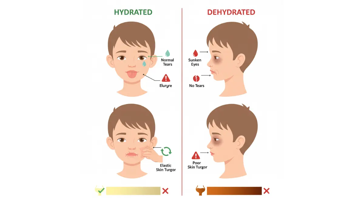 Flu in Kids dehydration warning signs showing hydrated versus dehydrated child comparison