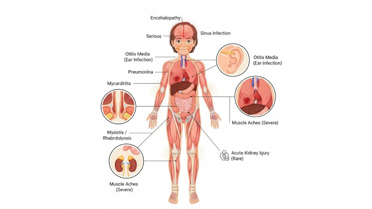 Flu in Kids complications anatomy diagram showing pneumonia brain heart and kidney risks