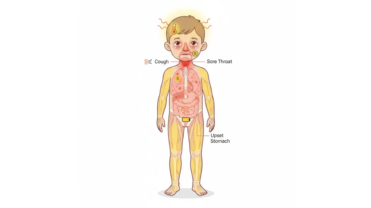 Flu in Kids symptoms anatomy diagram showing fever cough sore throat body aches and fatigue