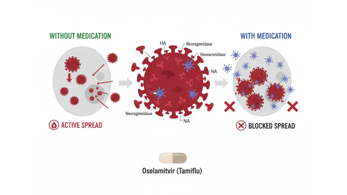 Flu in Kids antiviral treatment diagram showing how Tamiflu blocks influenza virus spread