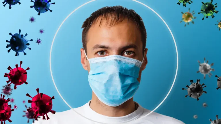 Person wearing protective mask surrounded by influenza virus particles during 2025 high-severity flu season