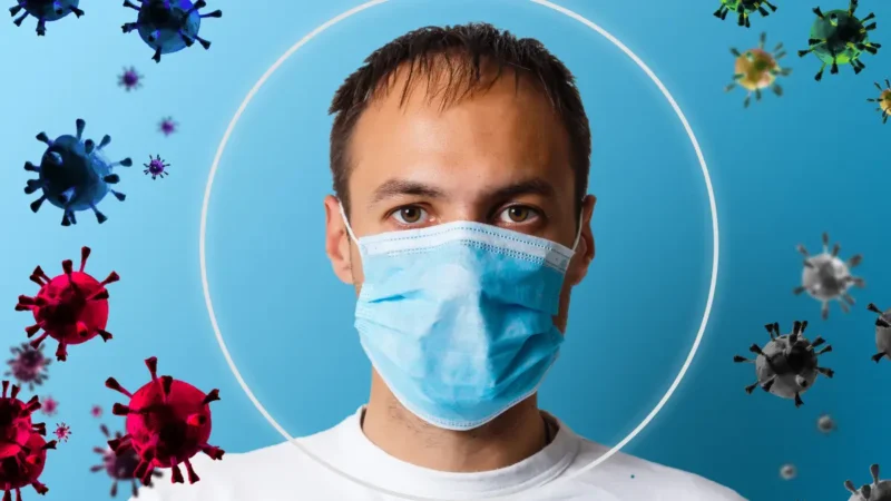 Person wearing protective mask surrounded by influenza virus particles during 2025 high-severity flu season