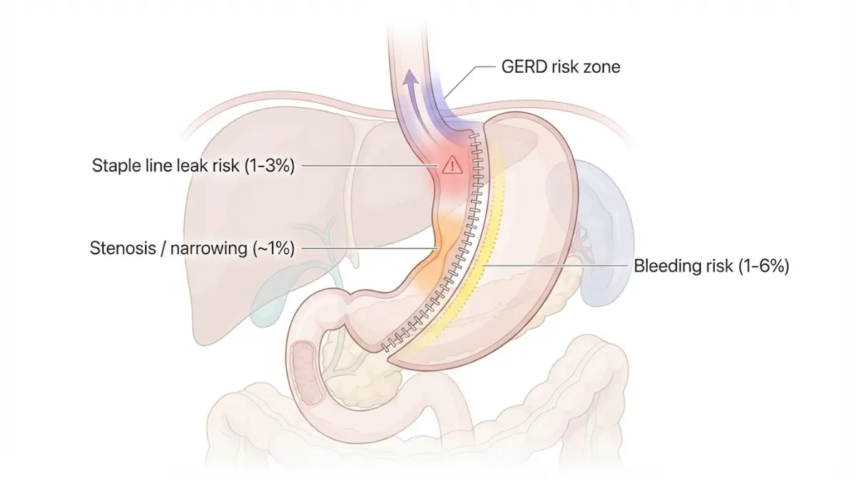 gastric sleeve complication risk zones showing staple line leak, stenosis, bleeding, and reflux areas