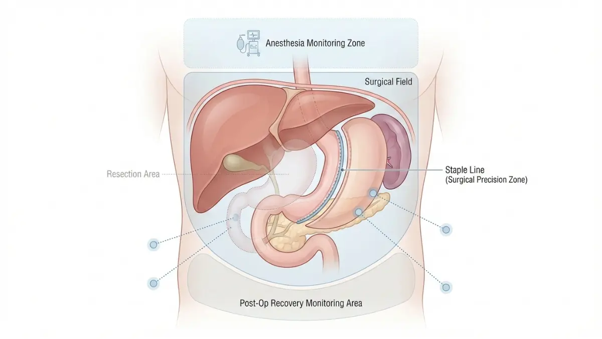 gastric sleeve anatomy showing surgical zones that impact cost including staple line, resection area, and laparoscopic access points