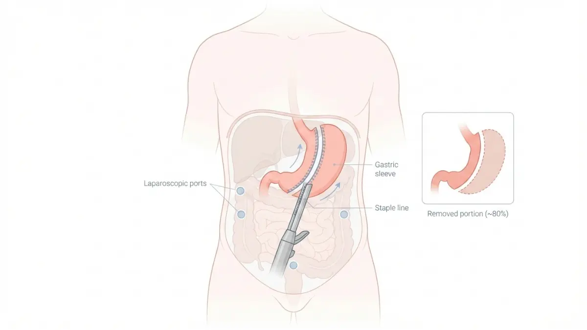 Gastric Sleeve laparoscopic surgery anatomy showing stapling and stomach removal