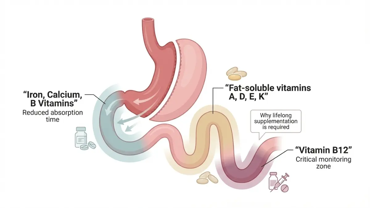 gastric sleeve nutrient absorption diagram showing vitamin deficiency risk zones in the small intestine