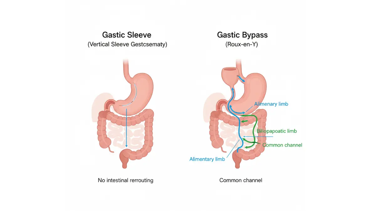 gastric sleeve versus gastric bypass anatomical comparison showing stomach size changes and intestinal rerouting differences