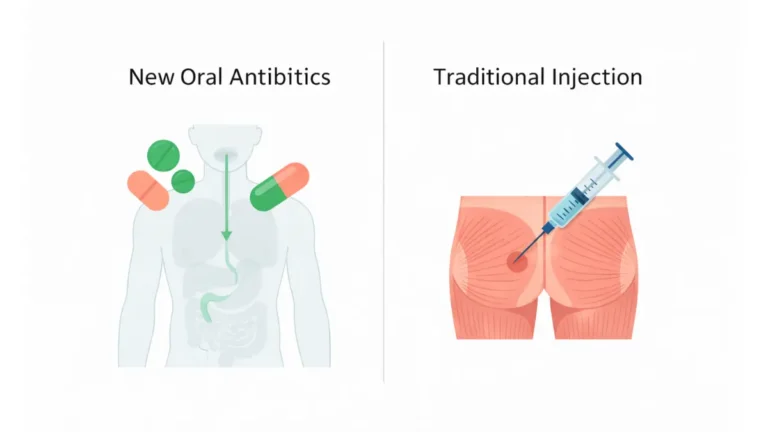 Gonorrhea treatment comparison showing oral antibiotics versus injection
