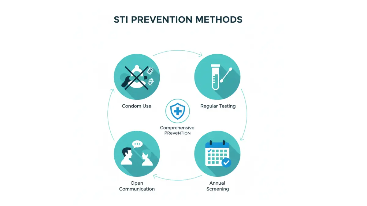 Gonorrhea prevention methods infographic including condoms testing and screening