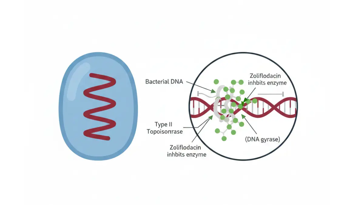 Gonorrhea treatment mechanism showing zoliflodacin blocking bacterial DNA replication