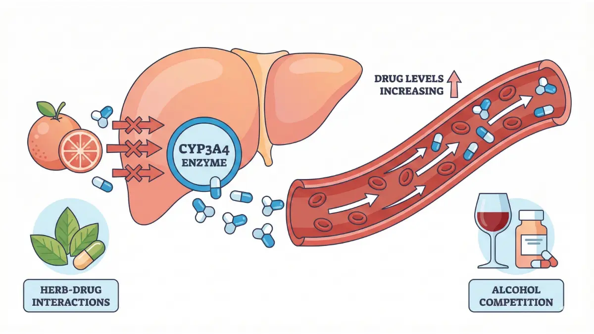Medical vector graphic showing grapefruit, alcohol, and herbs interacting with medications via liver enzymes