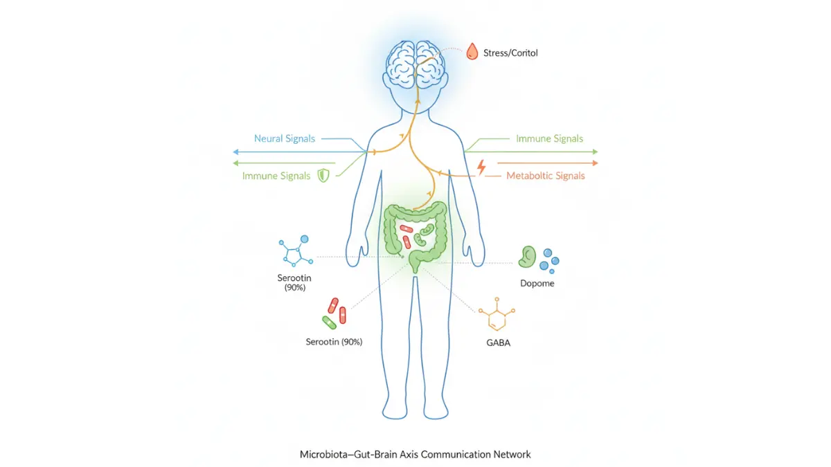 Medical diagram of microbiota gut brain axis showing how gut bacteria produce serotonin dopamine GABA neurotransmitters affecting mood anxiety and depression through vagus nerve