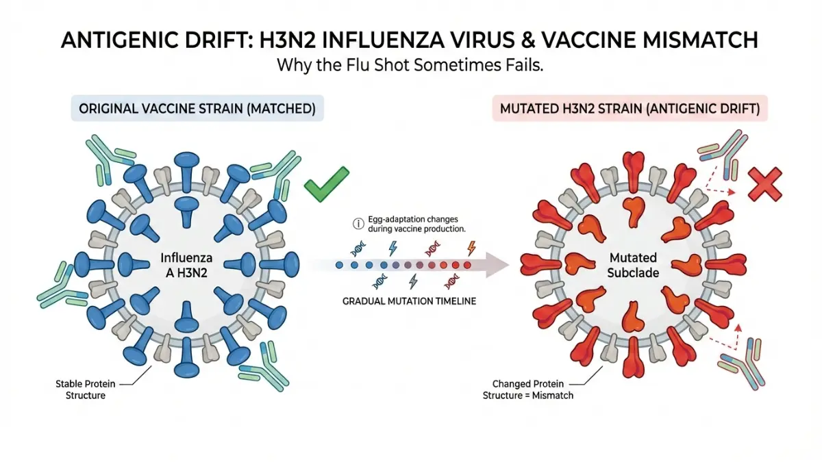 H3N2 Flu Vaccine, Tamiflu medical diagram illustrating antigenic drift causing vaccine mismatch due to mutated hemagglutinin proteins