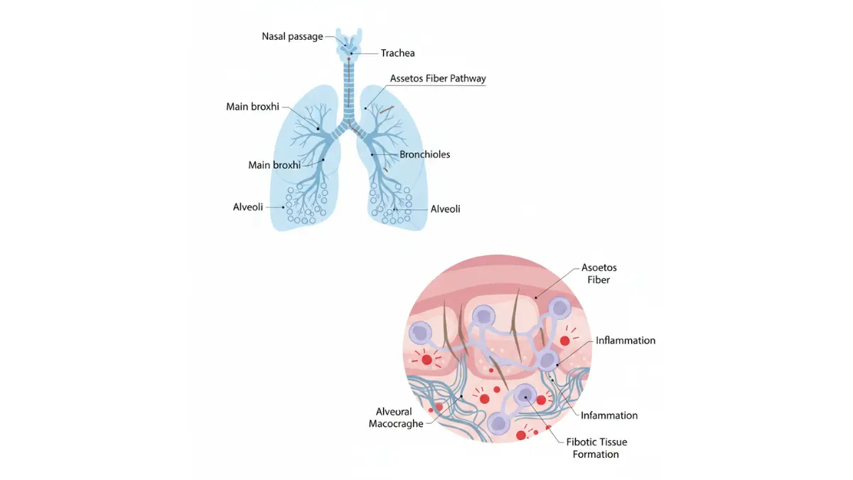 Medical comparison diagram showing healthy pink lung tissue versus asbestosis-affected lung with pulmonary fibrosis and scarring