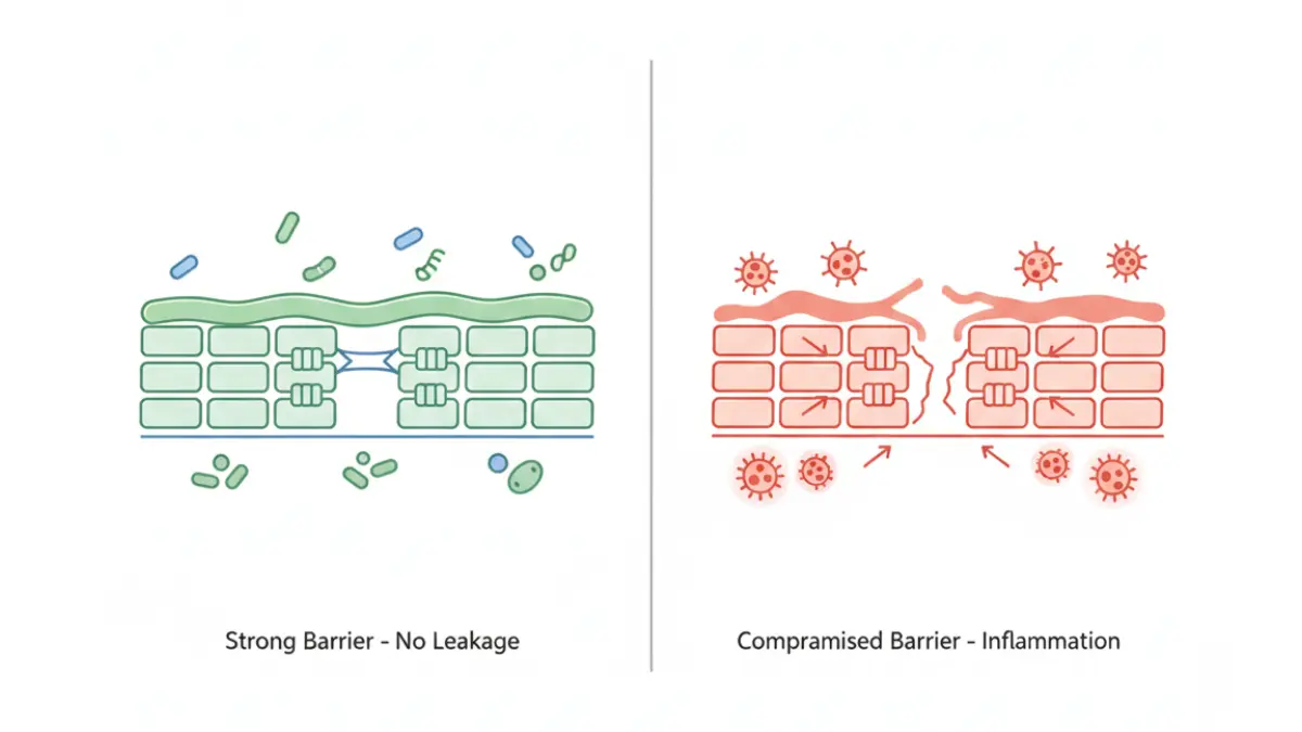 Medical diagram comparing healthy intestinal barrier with intact tight junction proteins versus leaky gut syndrome showing increased intestinal permeability and bacterial toxin translocation