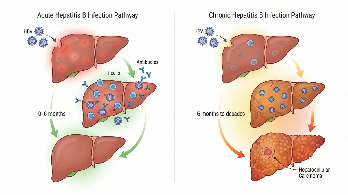 Medical vector diagram comparing acute and chronic Hepatitis B infection pathways with immune response and liver outcomes