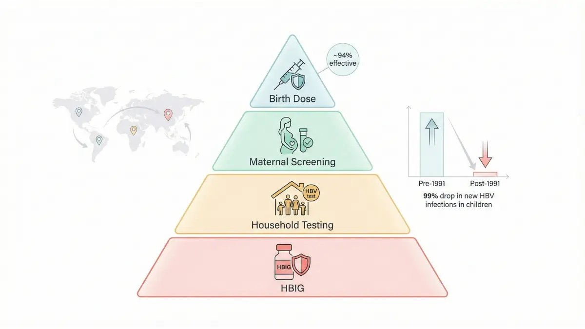 Evidence pyramid vector diagram supporting hepatitis B shot at birth for newborn protection