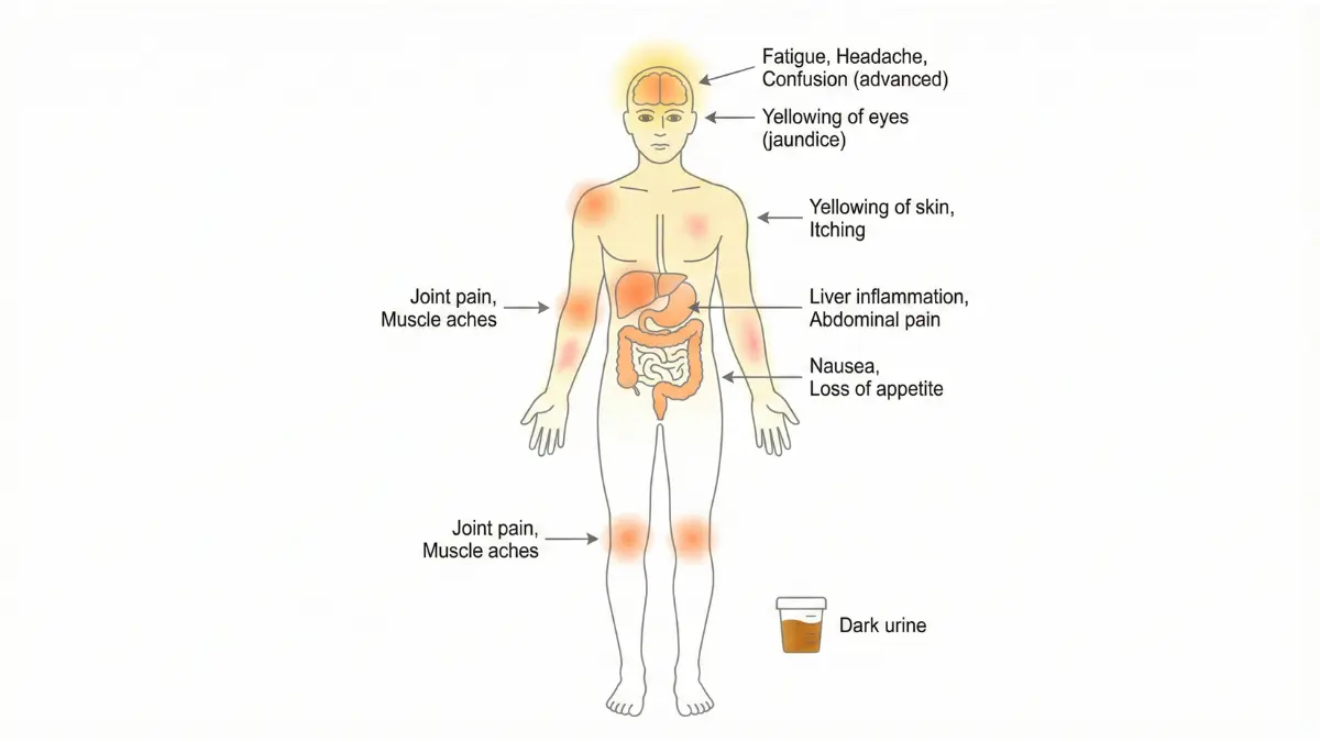 Full-body medical anatomy illustration showing Hepatitis B symptoms across different organs and body regions