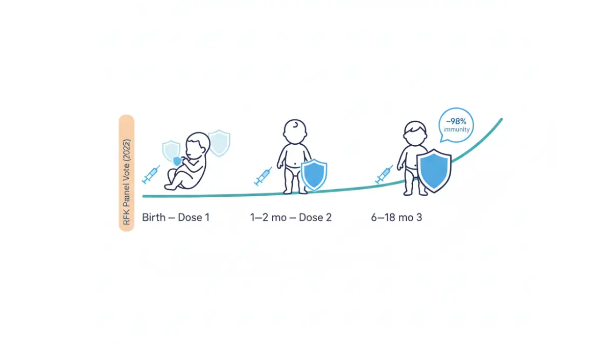 Timeline vector showing hepatitis B shot series schedule from birth through infancy in 2025