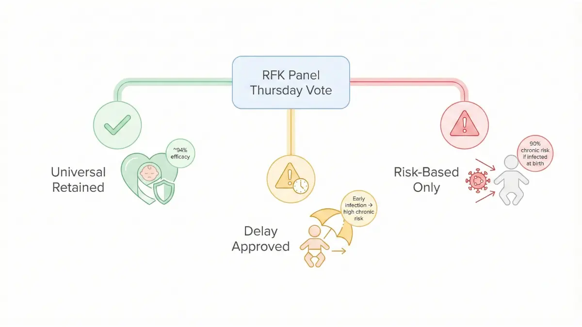 Medical vector flowchart showing hepatitis B shot at birth RFK panel vote outcomes for newborns
