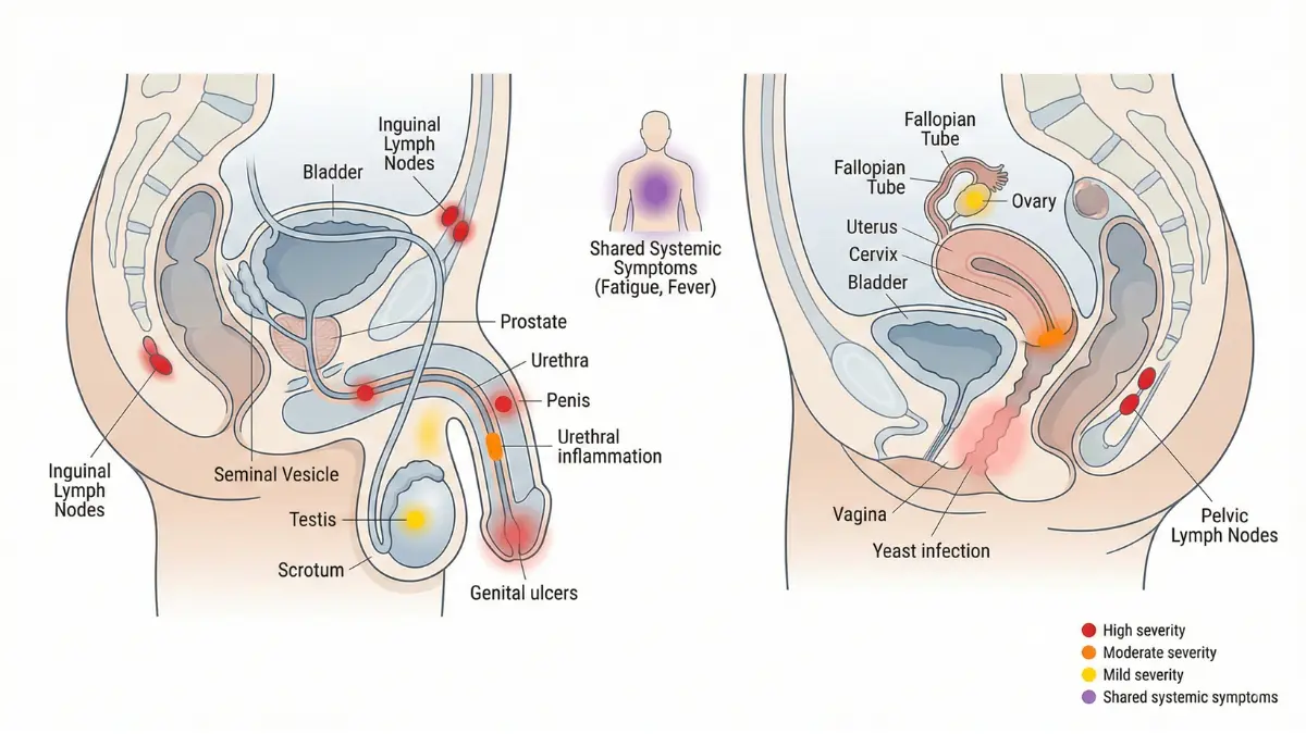 Anatomical comparison diagram showing male and female reproductive HIV symptoms