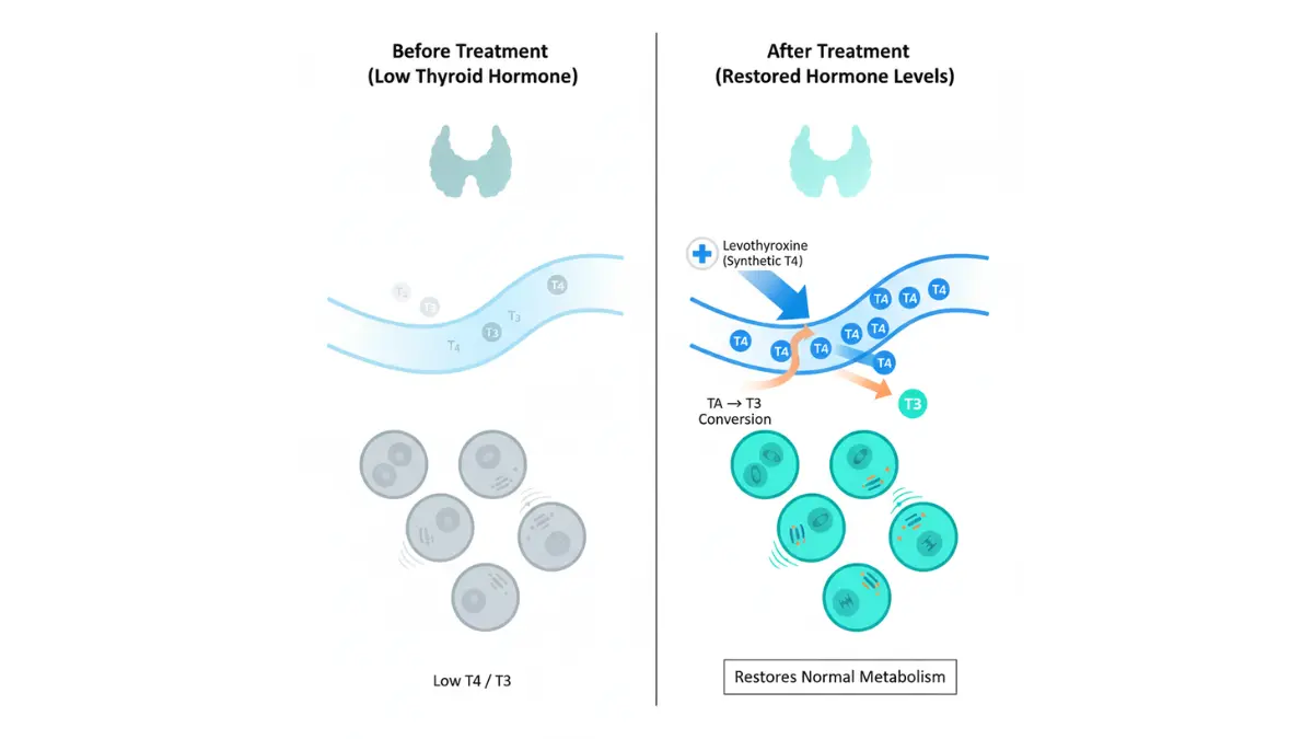 Medical illustration showing how levothyroxine treatment replaces deficient thyroid hormones to resolve hypothyroidism symptoms and restore normal metabolism