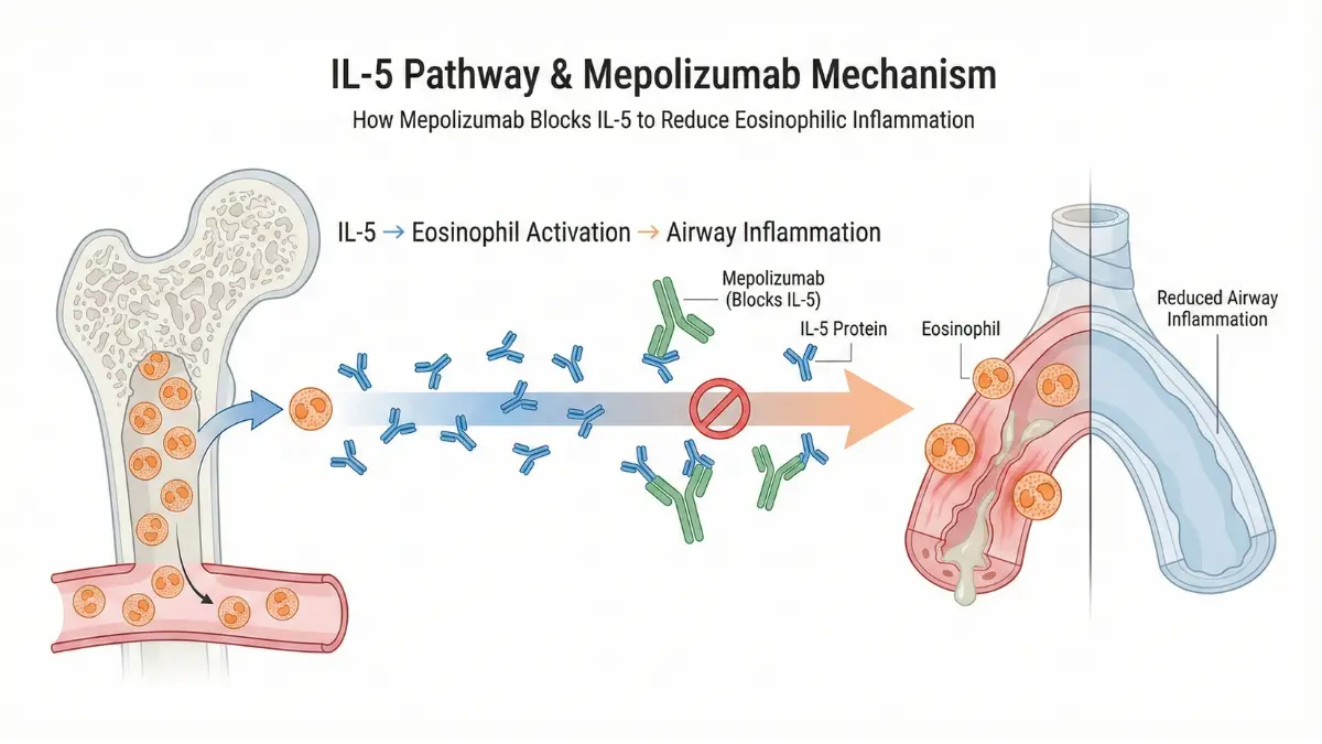 IL-5 pathway blocked by mepolizumab showing reduced eosinophils – Mepolizumab Severe Asthma Treatment