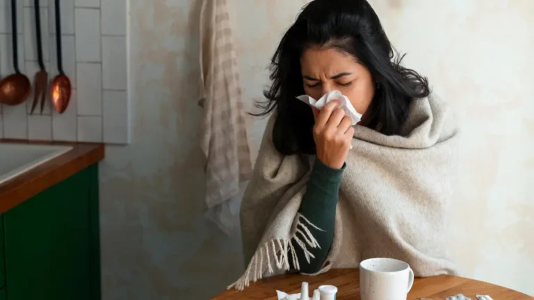 Woman with blanket shows how illness peaks after Christmas holidays with medicine and warm tea for treatment
