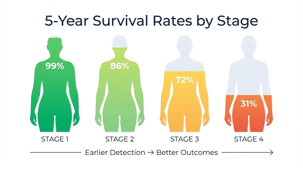Invasive ductal carcinoma five-year survival rate infographic by cancer stage
