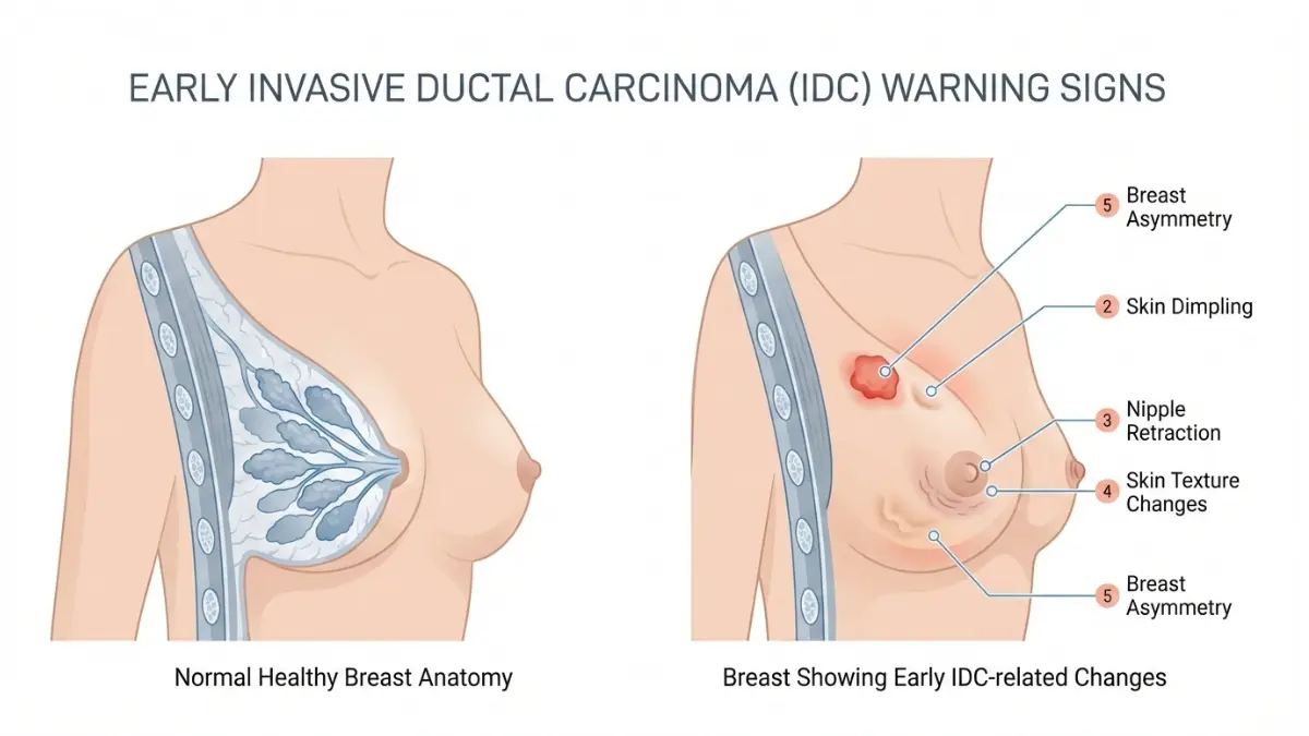 Invasive ductal carcinoma symptom diagram showing common breast warning signs