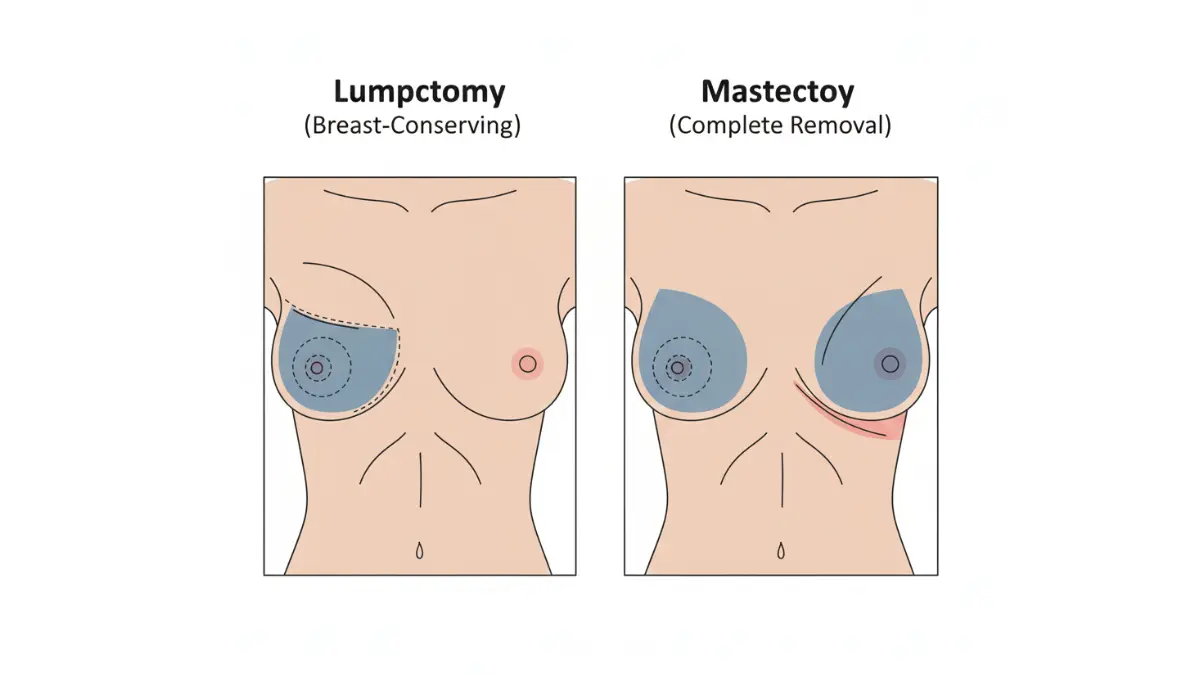 Invasive ductal carcinoma surgical treatment diagram comparing lumpectomy and mastectomy