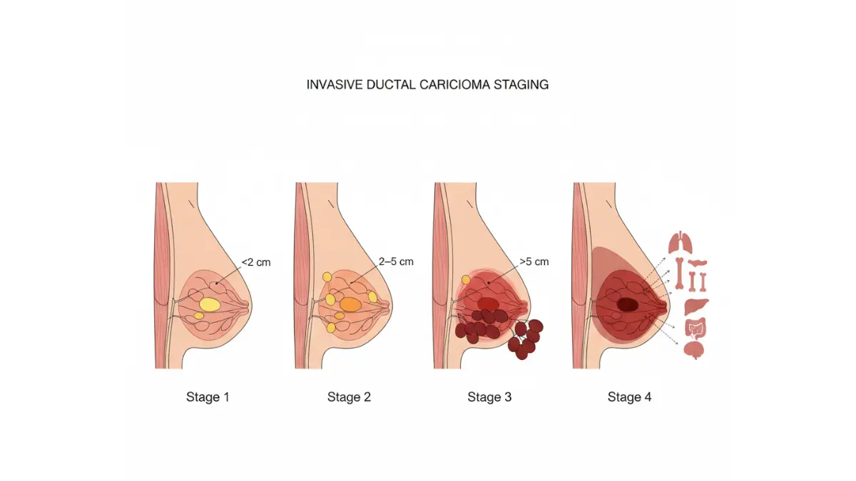 Invasive ductal carcinoma staging diagram showing progression from Stage 1 to Stage 4