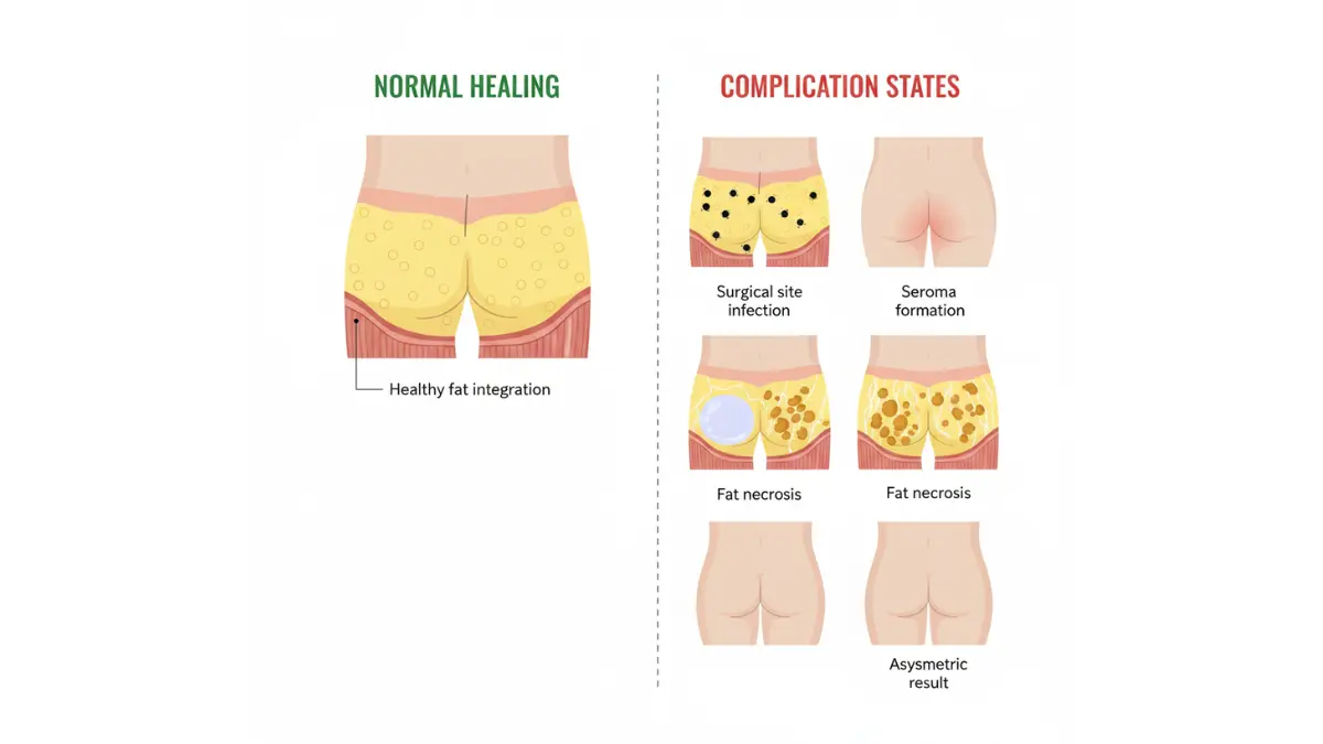 Is BBL Safe? Medical diagram illustrating common BBL complications versus normal healing