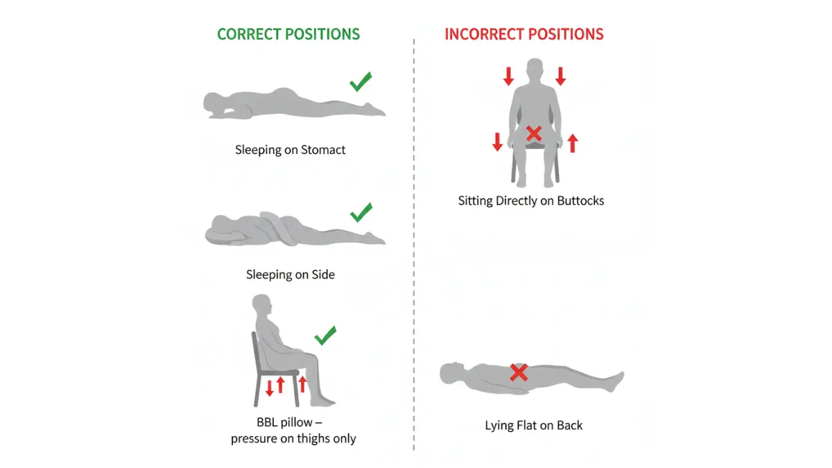 Is BBL Safe? Medical diagram showing correct and incorrect sleeping and sitting positions after BBL