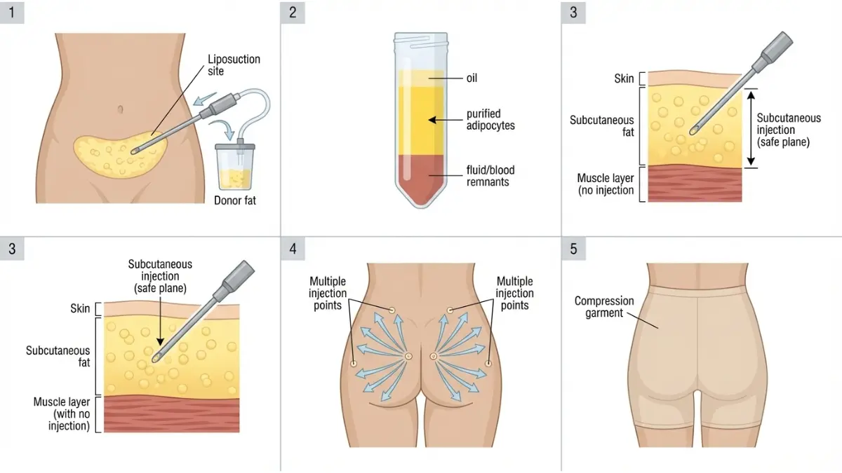 Is BBL Safe? Step-by-step medical diagram showing Brazilian butt lift fat transfer procedure