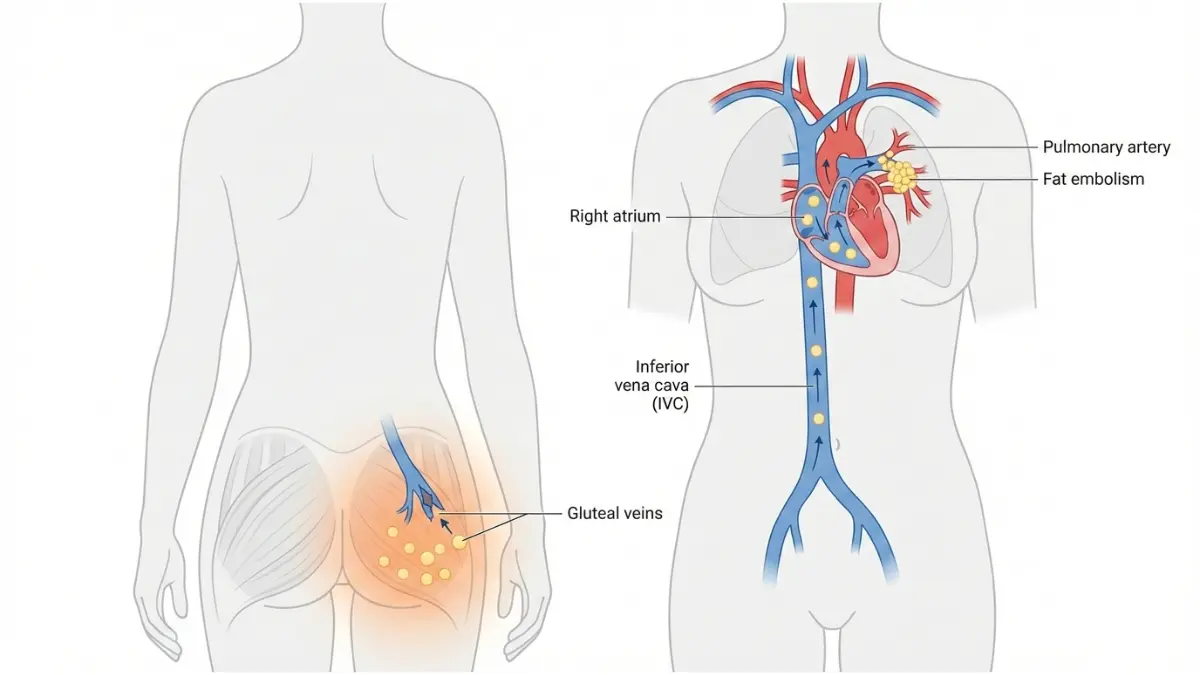 Is BBL Safe? Medical anatomy illustration showing fat embolism pathway from gluteal veins to lungs