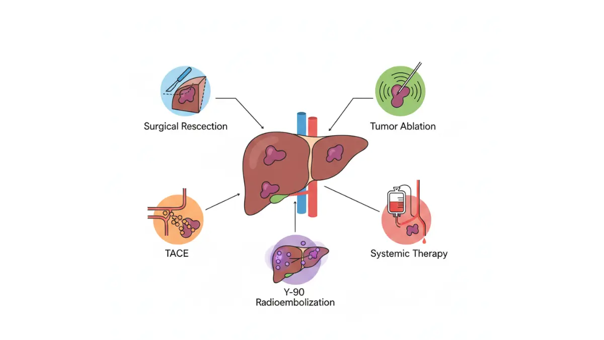 Liver Cancer treatment options diagram showing surgery ablation TACE and systemic therapy