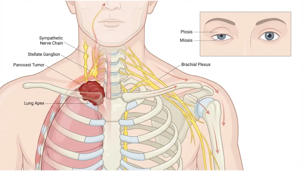 Lung Cancer Signs caused by Pancoast tumor affecting sympathetic nerves and eye