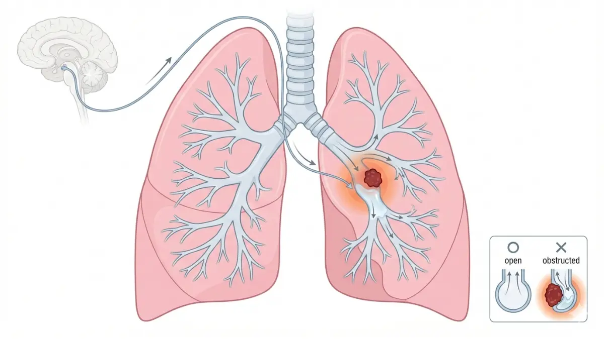 Lung Cancer Signs illustrated by tumor-related airway obstruction causing persistent cough