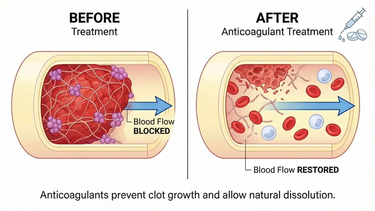 Medical diagram comparing blood vessel before and after anticoagulant treatment for Lung embolism
