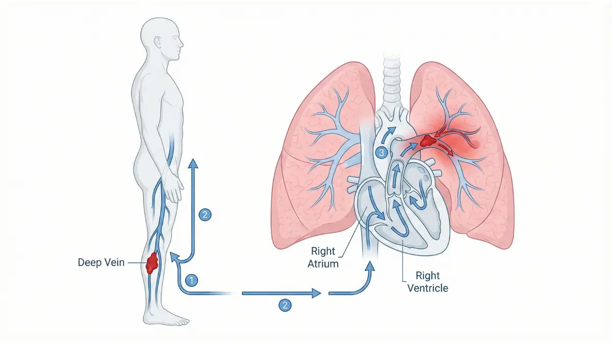 Medical diagram showing how deep vein thrombosis travels from the leg to the lungs causing Lung embolism